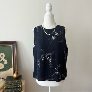 Vintage Navy Silk Floral Print Tank Top